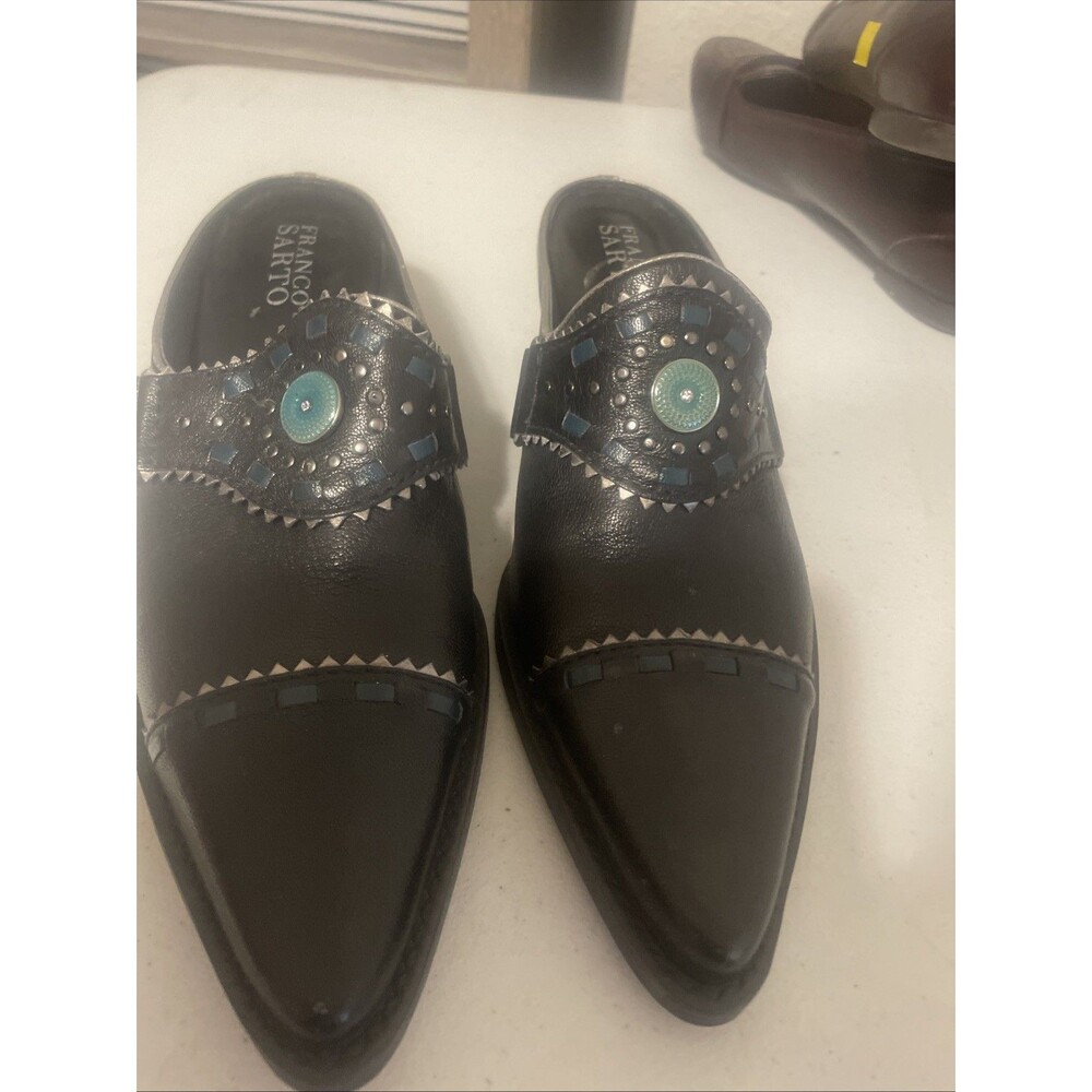 Franco Sarto Black Leather Slip On Mules 7.5 Western Southwestern Goth